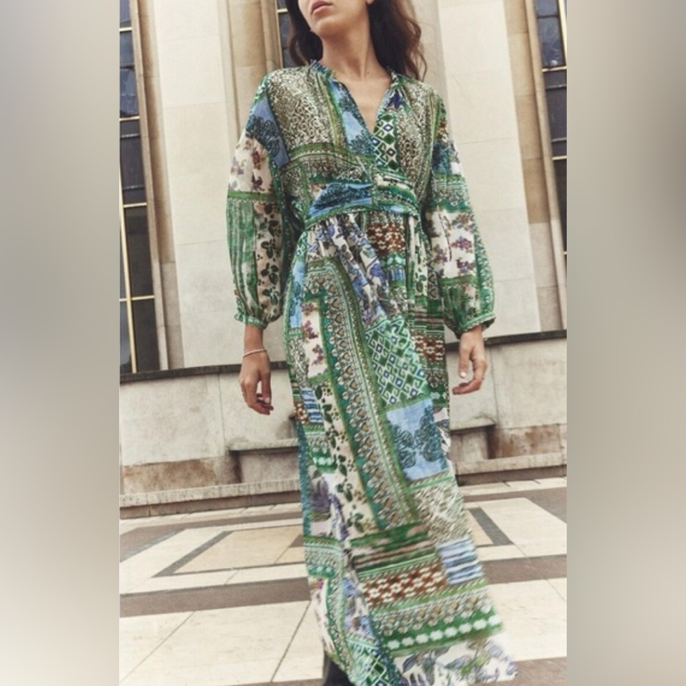 ZARA Long Sleeve Chiffon Semi Sheer Patchwork Lined Maxi Dress- S - Picture 1 of 9
